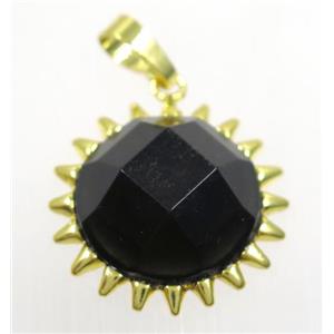 black onyx agate sunflower pendant, gold plated, approx 25mm dia