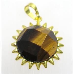 yellow Tiger eye stone sunflower pendant, gold plated, approx 25mm dia