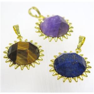 mix gemstone sunflower pendant, gold plated, approx 25mm dia