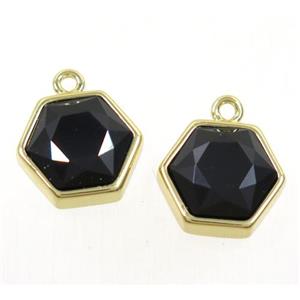 black onyx agate pendant, Hexagon, gold plated, approx 12mm dia