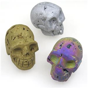 Agate druzy skull charms, no-hole, mix color, approx 40-50mm