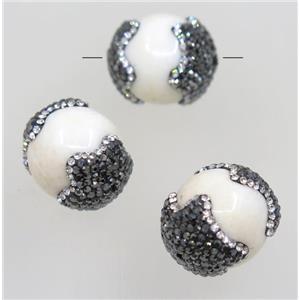 white porcelain bead paved black rhinestone, round, approx 20mm dia
