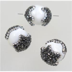 white porcelain bead paved rhinestone, round, approx 15mm dia
