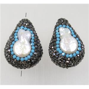 clay teardrop beads paved rhinestone with pearl, approx 18-25mm