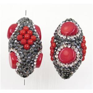 clay rice beads paved rhinestone with coral, approx 18-30mm