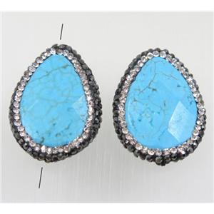 blue Synthetic Turquoise teardrop bead paved rhinestone, faceted, approx 20-28mm