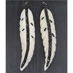 white Bone feather pendant paved rhinestone, approx 23-100mm