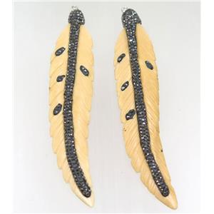 yellow Bone feather pendant paved rhinestone, approx 23-100mm