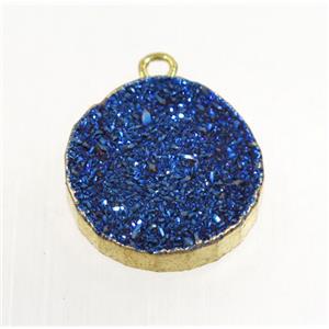 blue Agate Druzy pendant, flat round, gold plated, approx 18mm dia