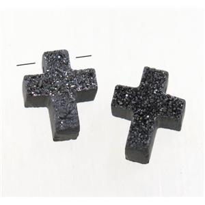 black Agate Druzy Cross pendant, approx 9-11mm