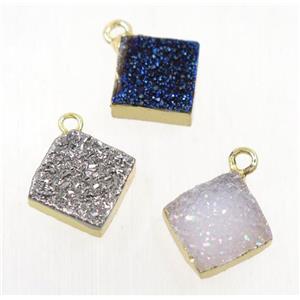 druzy agate pendant, mix color, square, gold plated, approx 10x10mm