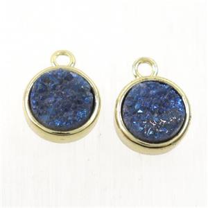 blue Druzy Quartz pendant, flat round, gold plated, approx 8mm dia