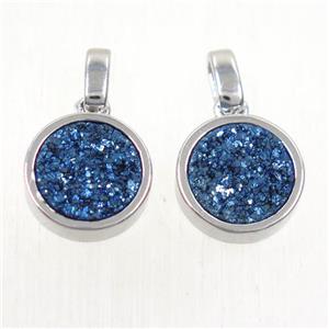 blue Druzy Agate pendant, flat round, platinum plated, approx 11mm dia