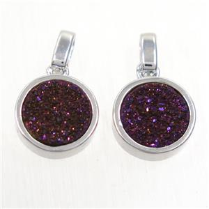 purple Druzy Agate pendant, flat round, platinum plated, approx 11mm dia