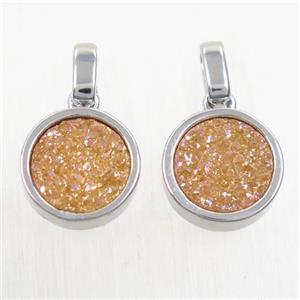 gold champagne Druzy Agate pendant, flat round, platinum plated, approx 11mm dia