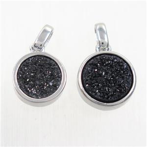black Druzy Agate pendant, flat round, platinum plated, approx 11mm dia