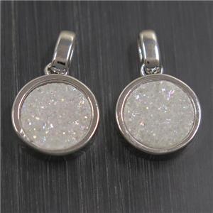 white AB-color Druzy Agate pendant, flat round, platinum plated, approx 11mm dia