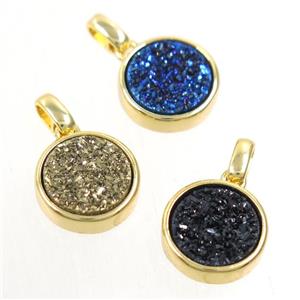 Druzy Agate pendant, mix color, flat round, gold plated, approx 11mm dia