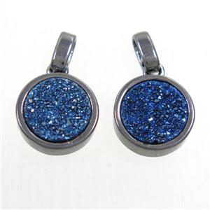 blue Druzy Agate pendant, flat round, black plated, approx 11mm dia