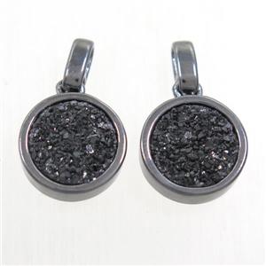 black Druzy Agate pendant, flat round, black plated, approx 11mm dia