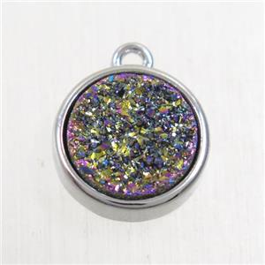 rainbow Druzy Agate pendant, flat round, platinum plated, approx 12mm dia