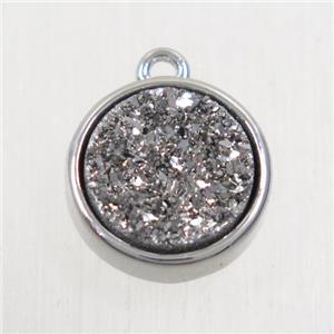 silver Druzy Agate pendant, flat round, platinum plated, approx 12mm dia