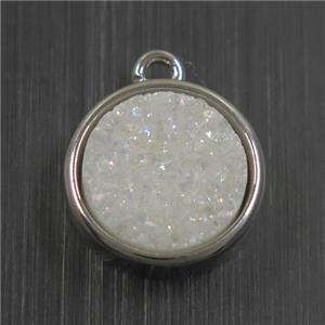 white AB-color Druzy Agate pendant, flat round, platinum plated, approx 12mm dia