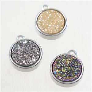Druzy Agate pendant, mix color, flat round, platinum plated, approx 12mm dia
