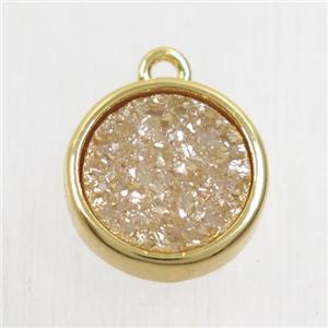 golden champagne Druzy Agate pendant, flat round, gold plated, approx 12mm dia