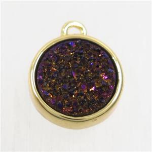 purple Druzy Agate pendant, flat round, gold plated, approx 12mm dia