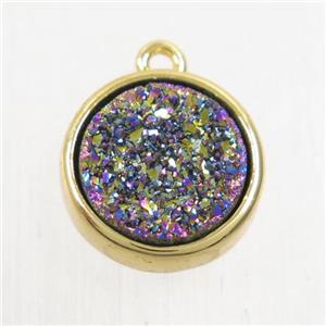 rainbow Druzy Agate pendant, flat round, gold plated, approx 12mm dia