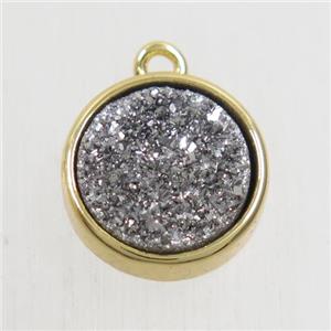 silver Druzy Agate pendant, flat round, gold plated, approx 12mm dia