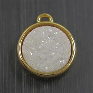 white AB-color Druzy Agate pendant, flat round, gold plated, approx 12mm dia