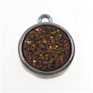 purple Druzy Agate pendant, flat round, black plated, approx 12mm dia