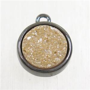 golden champagne Druzy Agate pendant, flat round, black plated, approx 12mm dia