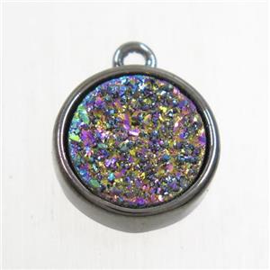 rainbow Druzy Agate pendant, flat round, black plated, approx 12mm dia