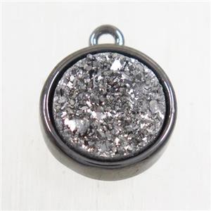 silver Druzy Agate pendant, flat round, black plated, approx 12mm dia