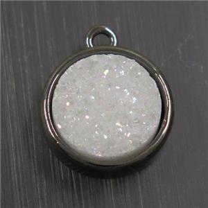 white AB-color Druzy Agate pendant, flat round, black plated, approx 12mm dia