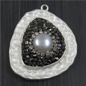 white Pearl pendant pave rhinestone, copper, duck silver plated, approx 26-31mm