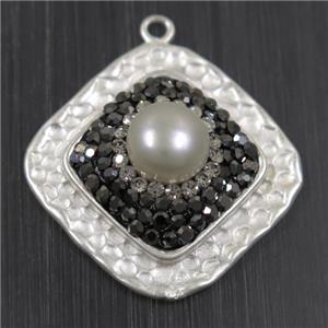 white Pearl pendant pave rhinestone, copper, square, duck silver plated, approx 24x24mm
