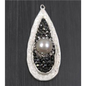 white Pearl pendant pave rhinestone, copper, teardrop, duck silver plated, approx 17-40mm