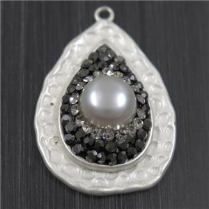 white Pearl pendant pave rhinestone, copper, teardrop, duck silver plated, approx 20-26mm