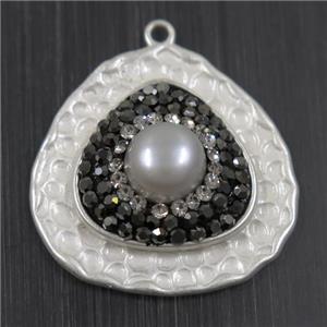 white Pearl pendant pave rhinestone, copper, teardrop, duck silver plated, approx 27mm dia