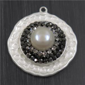 white Pearl pendant pave rhinestone, copper, flat round, duck silver plated, approx 24mm dia