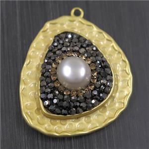 white Pearl pendant pave rhinestone, copper, duck gold plated, approx 26-31mm