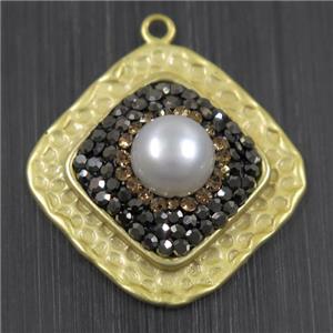 white Pearl pendant pave rhinestone, copper, square, duck silver plated, approx 24x24mm