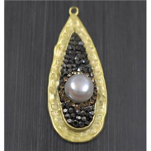 white Pearl pendant pave rhinestone, copper, teardrop, duck silver plated, approx 17-40mm