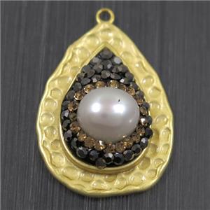 white Pearl pendant pave rhinestone, copper, teardrop, duck silver plated, approx 20-26mm