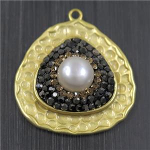 white Pearl pendant pave rhinestone, copper, teardrop, duck silver plated, approx 27mm dia