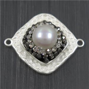 white Pearl connector pave rhinestone, copper, square, duck silver plated, approx 18x18mm